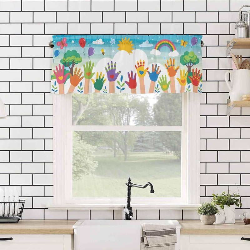 Homechoid Children's Day Curtain Valance for Windows/Living Room/Kitchen/Bathroom/Café, Kids Cartoon Handprint Bee Sun Rainbow Short Rod Pocket Tier Curtain Window Treatment Panel Topper Curtains 42''x12'' - Image 4